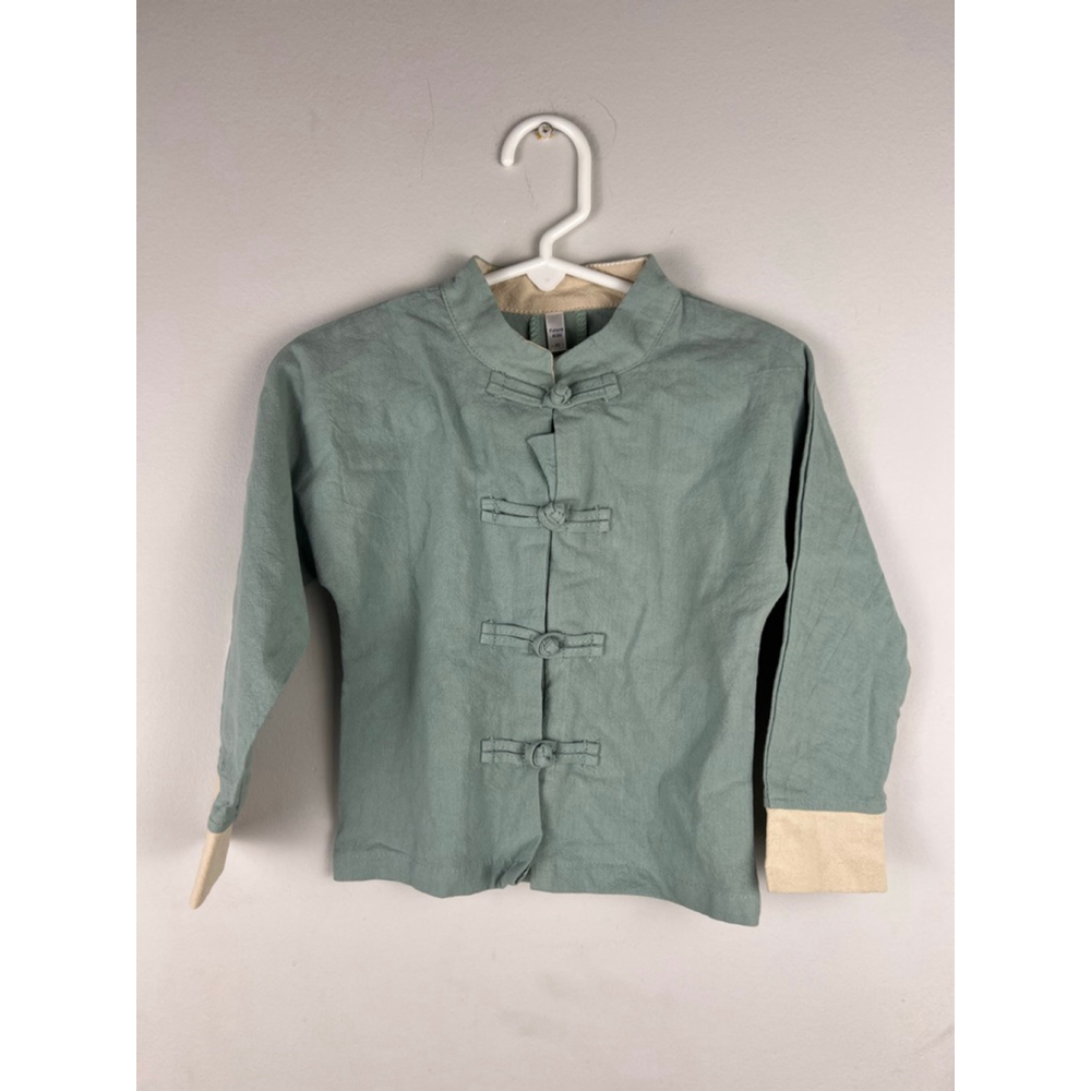 Future Kids Size 2/3 Hanfu Style Jacket Sage Green Beige Cuffs 100% Cotton Frog